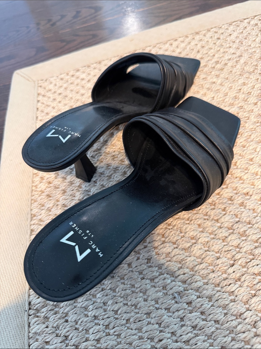 Marc Fisher Black Leather Slide Mules with Square Toe
